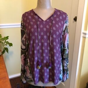 Tolani Collection mixed pattern lightweight boho blouse shirt top Size XS